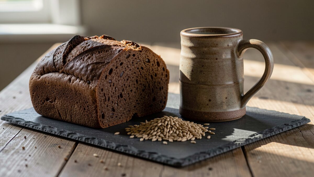 A loaf of dark bread, a stoneware beer stein, and a handful of grain on a slate slab, photographed in a single shaft of light.