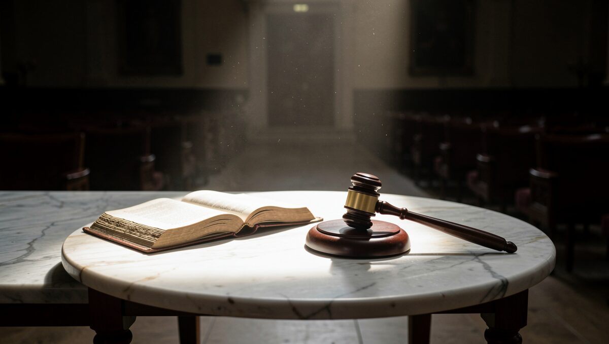 A marble-topped table in a dark assembly hall, an open bound codex and a gavel resting on it, photographed in a shaft of light.