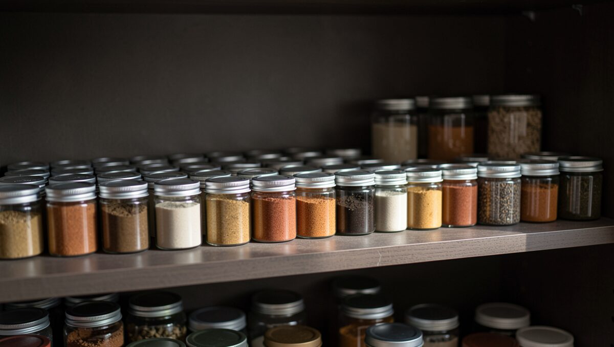 Forty small plain spice tins on a dark pantry shelf, unmarked, the last tin catching a thin line of light.