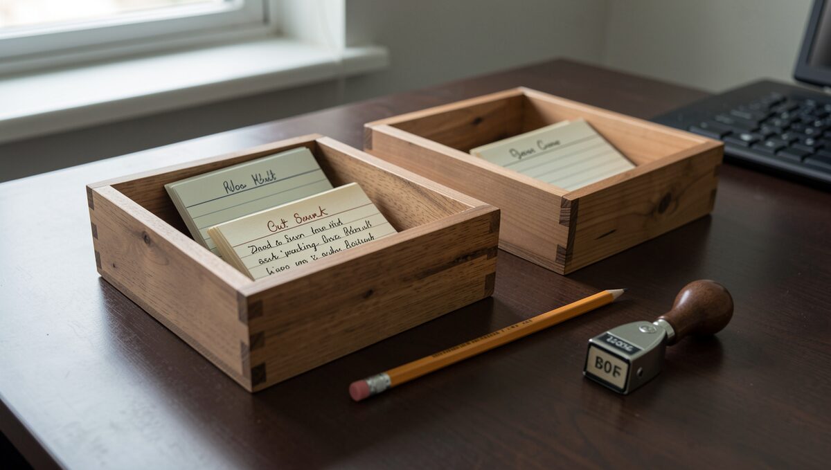 A wooden inbox and outbox on a dark office desk, index cards in one tray, a pencil and a date stamp beside them.