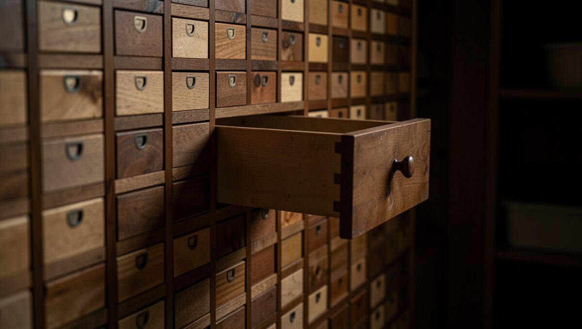 A wall of small unlabelled wooden drawers in a dark pantry, one drawer half open, photographed in low warm light.