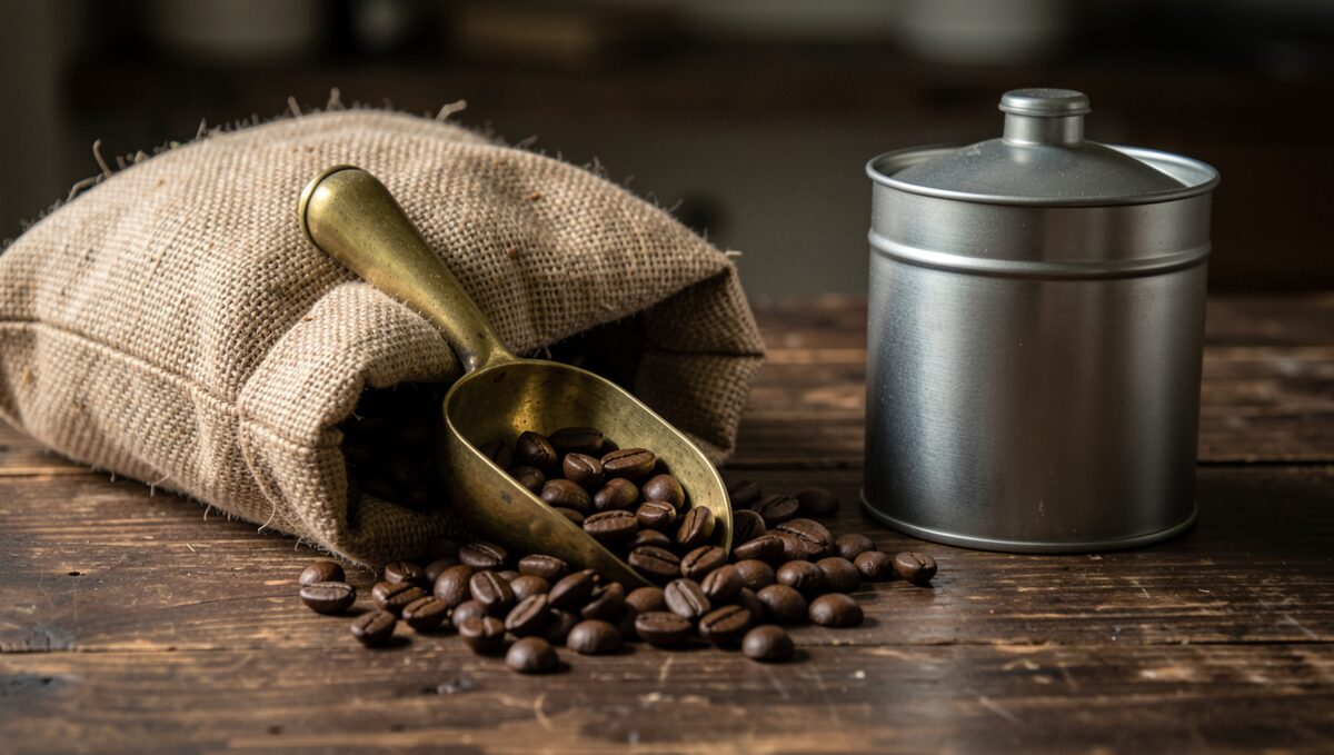 A brass scoop resting on a burlap sack of coffee beans beside a tin of tea, on a dark wooden counter in low light.