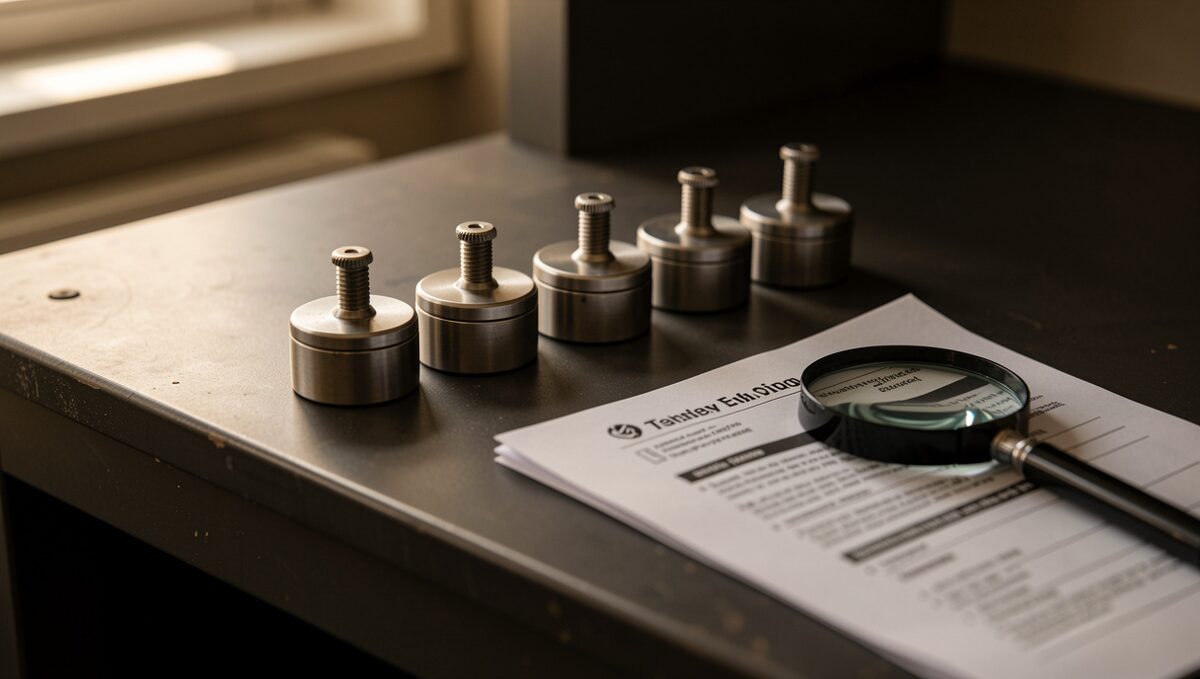 A row of enamel testing weights on a dark bench, a magnifying glass and a folded questionnaire beside them, in low warm light.