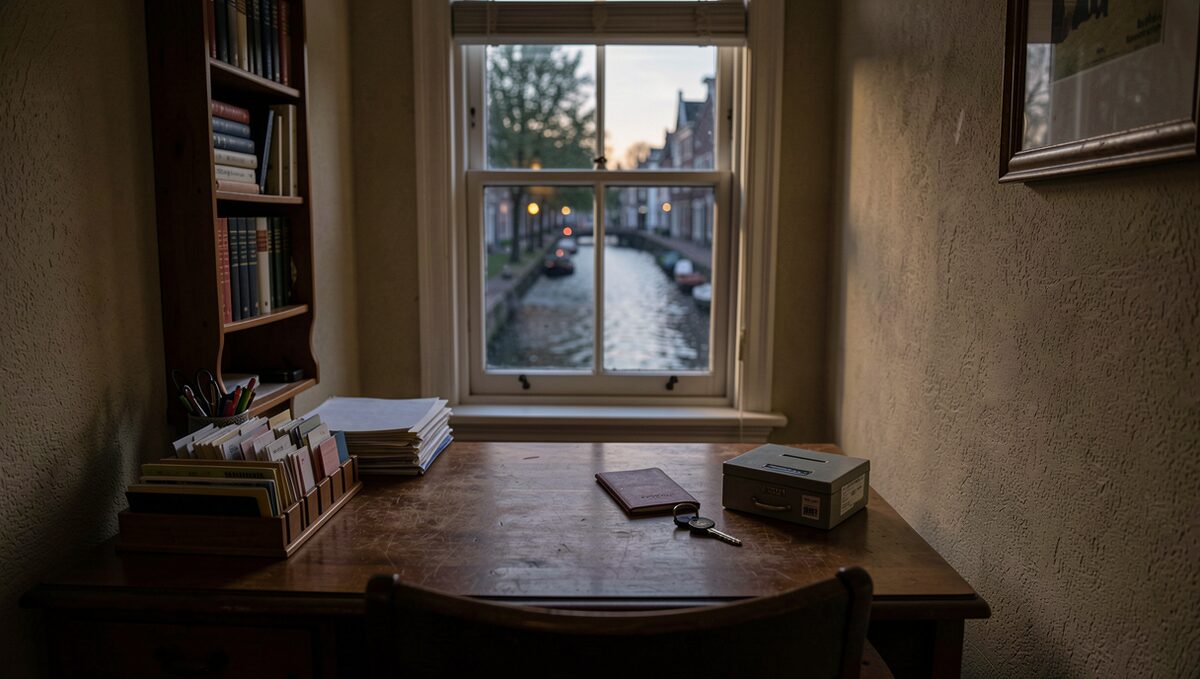 A narrow Dutch canal-house office at nightfall, a desk with a card index, a PO box key, and a window over dark water.
