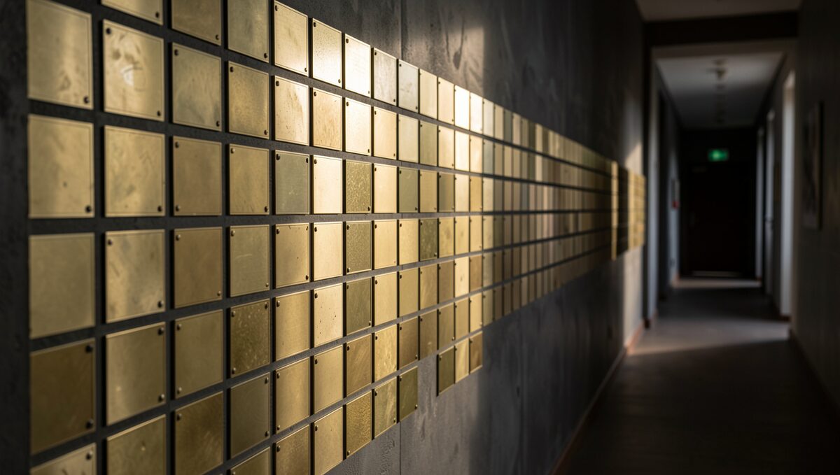 A wall of small blank brass plaques on a dark corridor wall, photographed in raking light.
