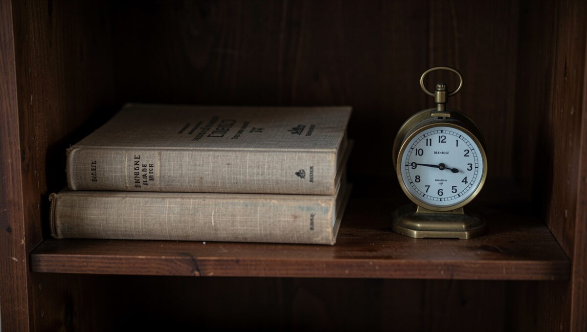 A dark wooden shelf holding a French desk directory, a linen-bound register, and a small brass letter scale, photographed at dusk.