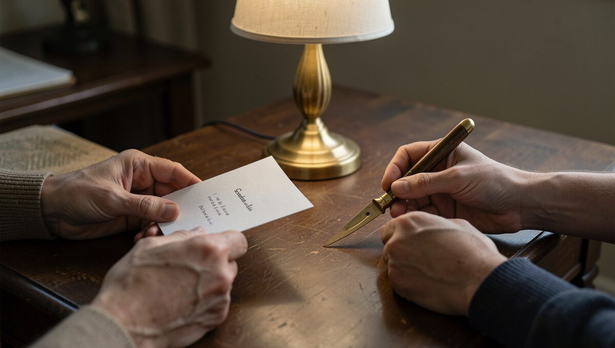 Two pairs of hands at a dark wooden desk, one holding an index card, the other a brass paperknife, a shaded lamp between them.