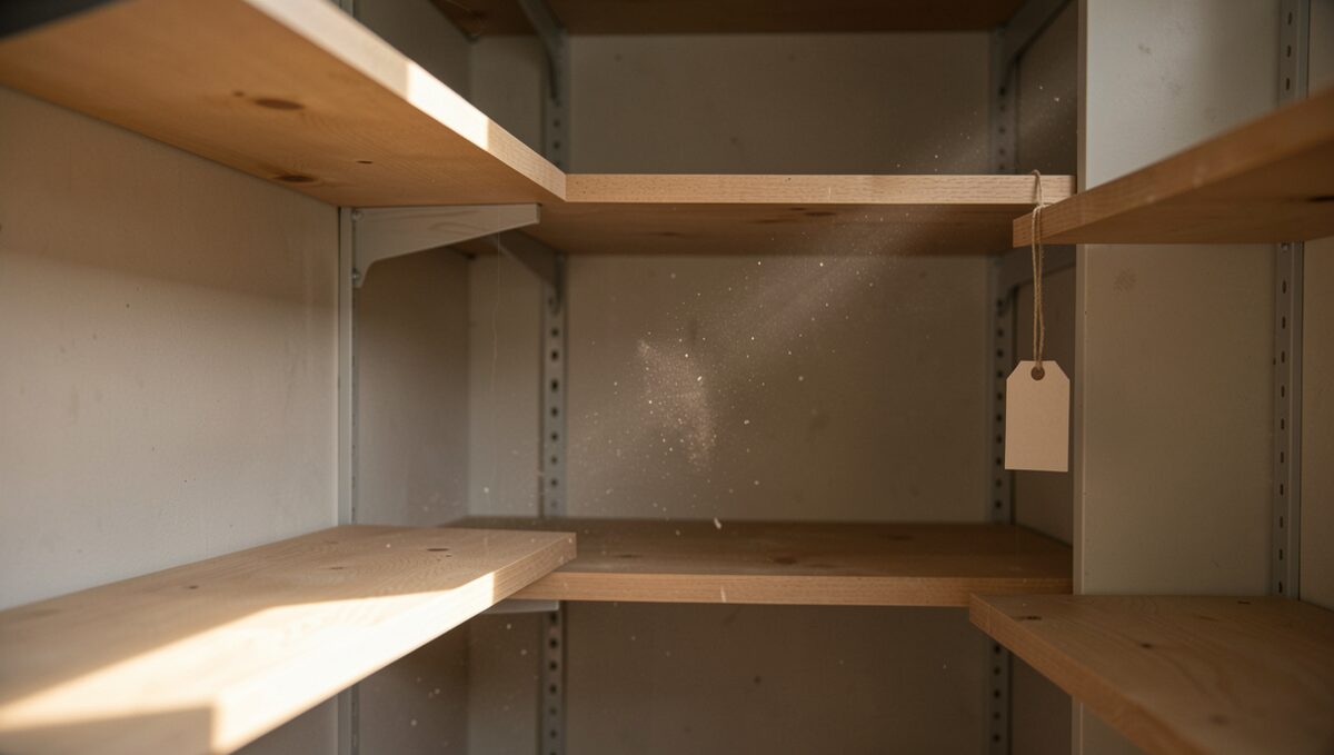 An empty pantry room with bare shelves, a single auction tag tied to a shelf bracket, dust visible in one beam of light.